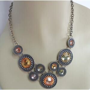 Premier Designs Chiffon Bib Necklace Vintage Colorful Faceted Stones Medallion